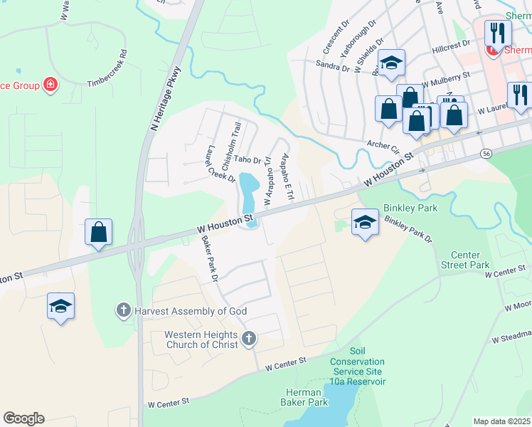 map of restaurants, bars, coffee shops, grocery stores, and more near 2310 West Houston Street in Sherman