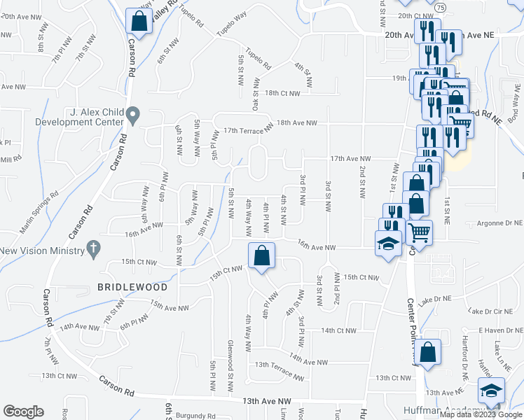 map of restaurants, bars, coffee shops, grocery stores, and more near 1620 4th Place Northwest in Center Point