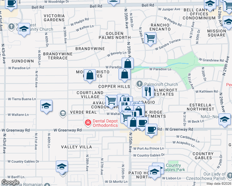 map of restaurants, bars, coffee shops, grocery stores, and more near 3535 West Monte Cristo Avenue in Phoenix