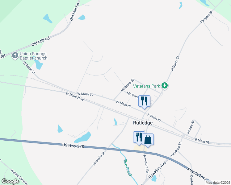 map of restaurants, bars, coffee shops, grocery stores, and more near 256 Williams Street in Rutledge