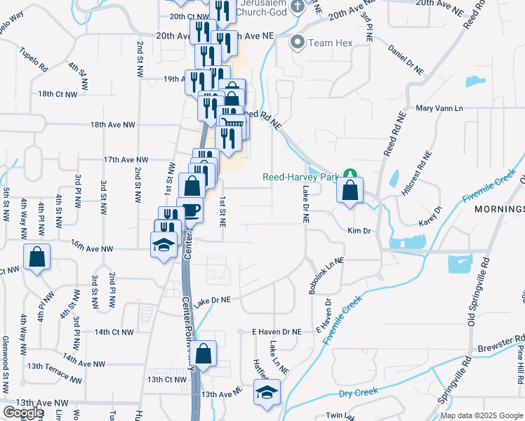 map of restaurants, bars, coffee shops, grocery stores, and more near 125 16th Court Circle Northeast in Center Point