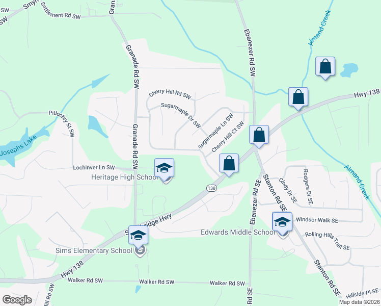 map of restaurants, bars, coffee shops, grocery stores, and more near 1625 Cherry Hill Road Southwest in Conyers