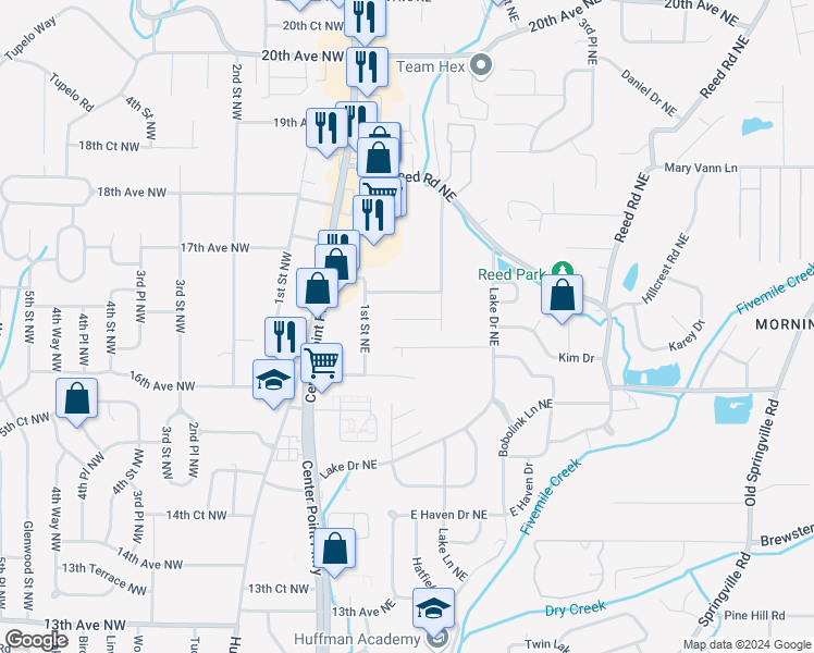 map of restaurants, bars, coffee shops, grocery stores, and more near 113 16th Court Circle Northeast in Center Point