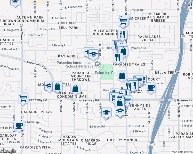 map of restaurants, bars, coffee shops, grocery stores, and more near 15650 North 29th Way in Phoenix