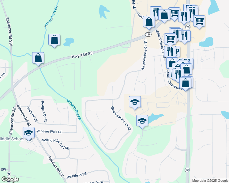 map of restaurants, bars, coffee shops, grocery stores, and more near 2281 Wren Road Southeast in Conyers
