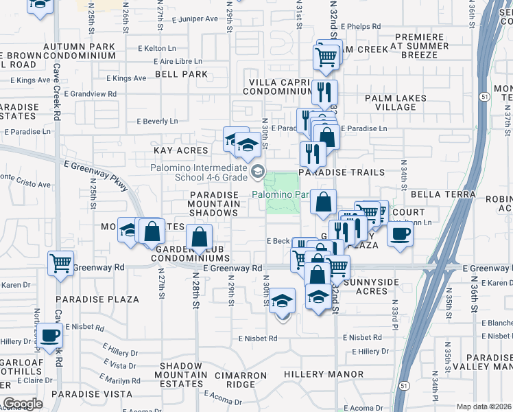 map of restaurants, bars, coffee shops, grocery stores, and more near 15650 North 29th Way in Phoenix