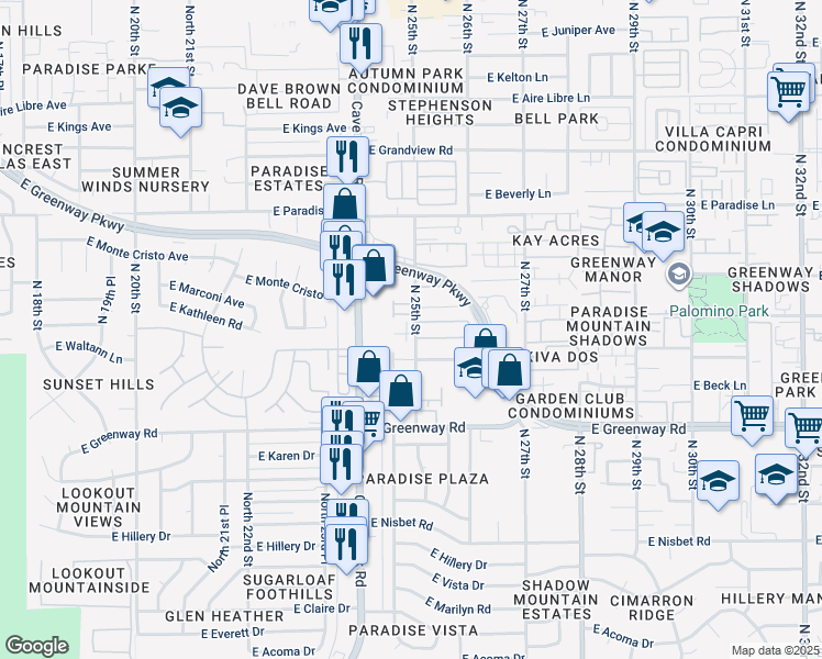 map of restaurants, bars, coffee shops, grocery stores, and more near 15818 North 25th Street in Phoenix