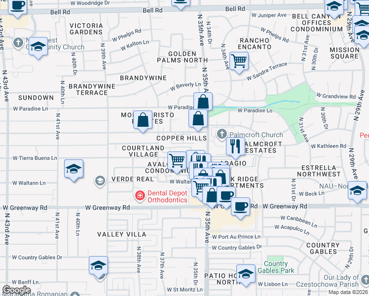 map of restaurants, bars, coffee shops, grocery stores, and more near 3535 West Monte Cristo Avenue in Phoenix