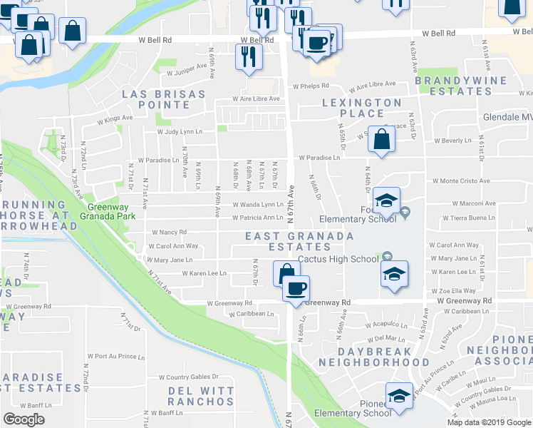 map of restaurants, bars, coffee shops, grocery stores, and more near 6742 West Wanda Lynn Lane in Peoria