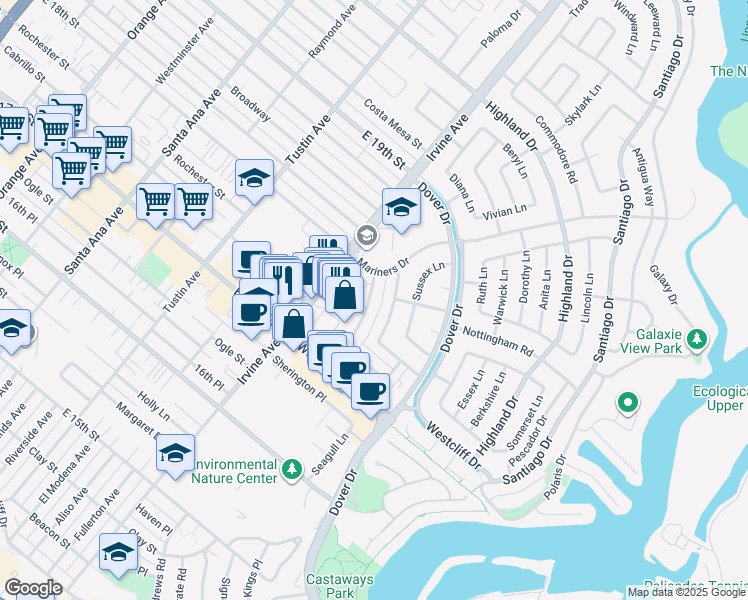 map of restaurants, bars, coffee shops, grocery stores, and more near 1256 Rutland Road in Newport Beach