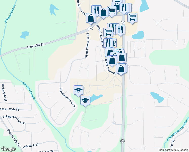 map of restaurants, bars, coffee shops, grocery stores, and more near 2100 Boxwood Circle in Conyers