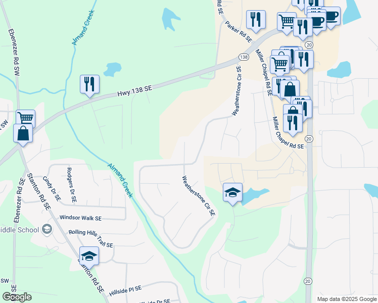 map of restaurants, bars, coffee shops, grocery stores, and more near 2281 Wren Road Southeast in Conyers