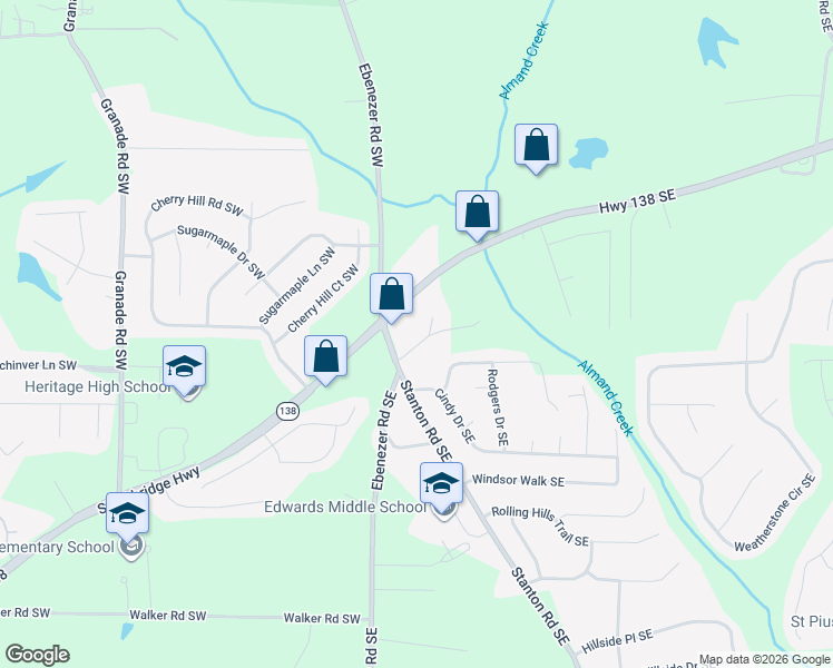 map of restaurants, bars, coffee shops, grocery stores, and more near 252 Brookwood Way Southeast in Conyers