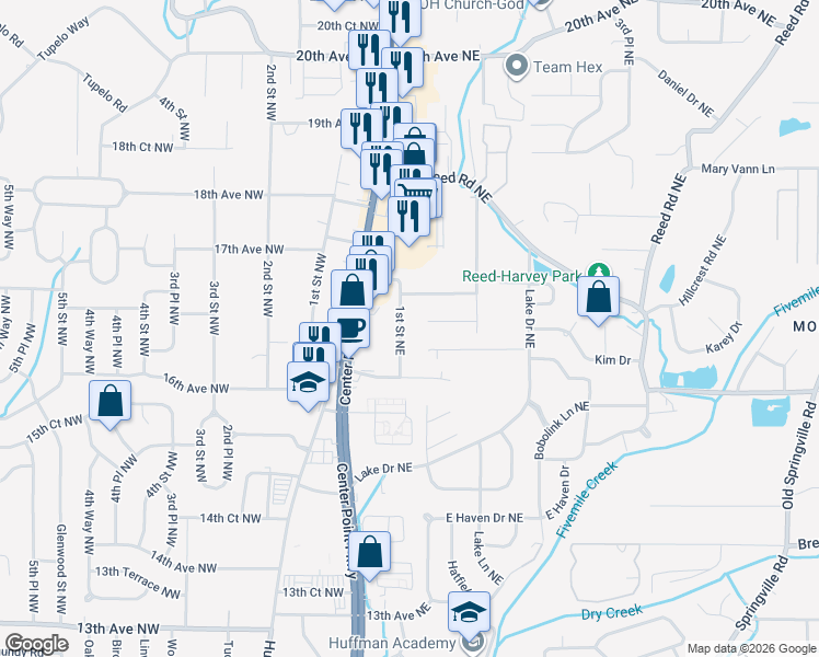 map of restaurants, bars, coffee shops, grocery stores, and more near 1632 1st Street Northeast in Center Point