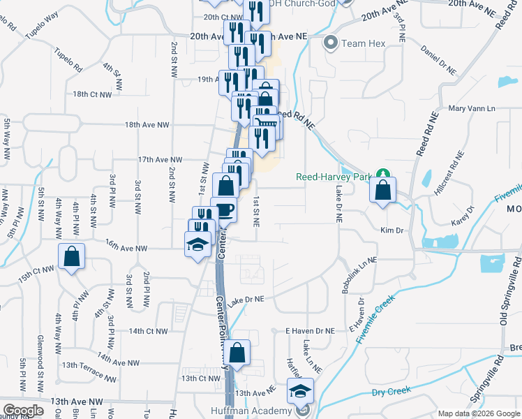 map of restaurants, bars, coffee shops, grocery stores, and more near 1632 1st Street Northeast in Center Point