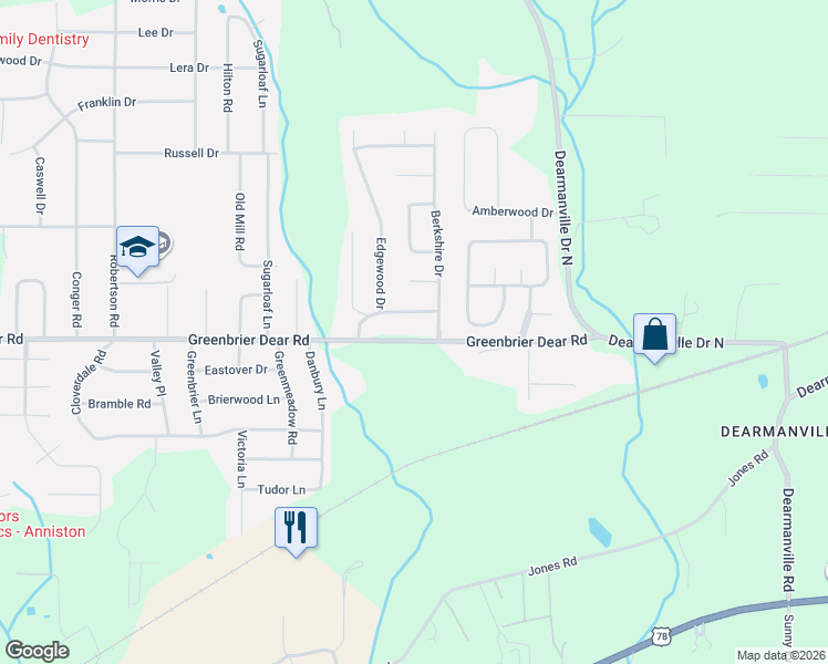map of restaurants, bars, coffee shops, grocery stores, and more near 4423 Mayfair Road in Anniston