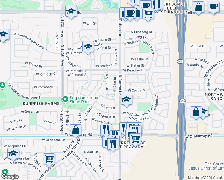 map of restaurants, bars, coffee shops, grocery stores, and more near 15946 North 171st Drive in Surprise
