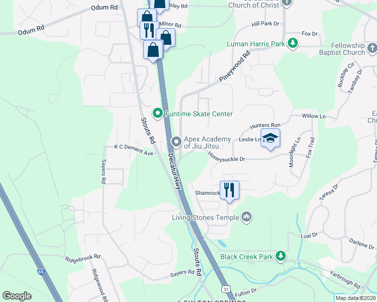 map of restaurants, bars, coffee shops, grocery stores, and more near 961 Honeysuckle Dr in Fultondale