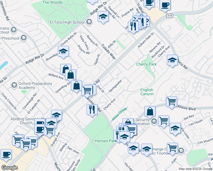 map of restaurants, bars, coffee shops, grocery stores, and more near 22954 Moonstone Lane in Lake Forest