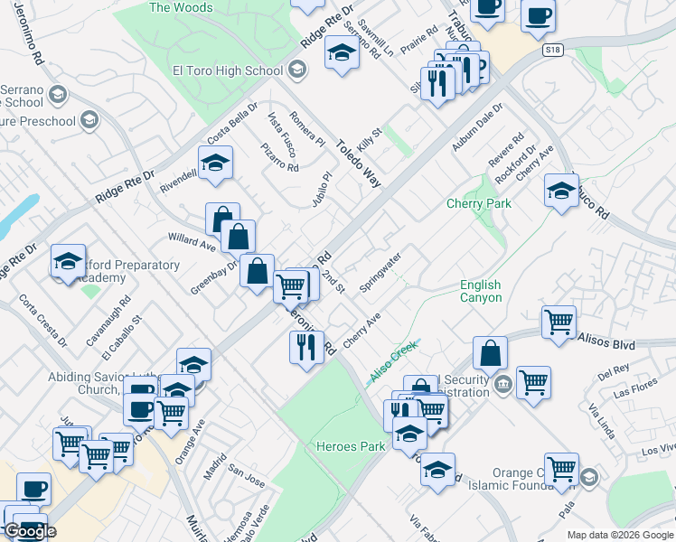 map of restaurants, bars, coffee shops, grocery stores, and more near 25353 Gemini Lane in Lake Forest