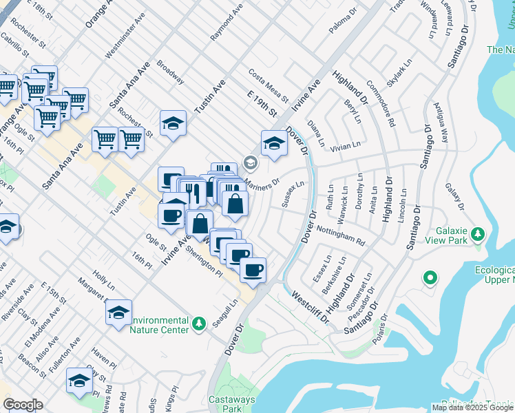 map of restaurants, bars, coffee shops, grocery stores, and more near 1256 Rutland Road in Newport Beach