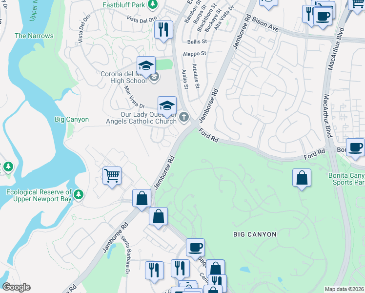 map of restaurants, bars, coffee shops, grocery stores, and more near 46 Sea Island Drive in Newport Beach