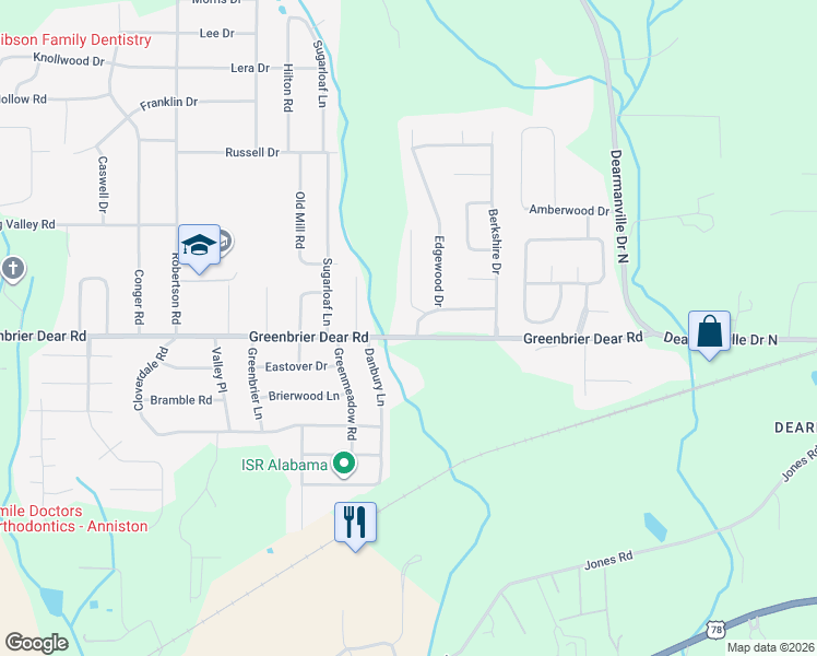 map of restaurants, bars, coffee shops, grocery stores, and more near 1124 Emory Place in Anniston