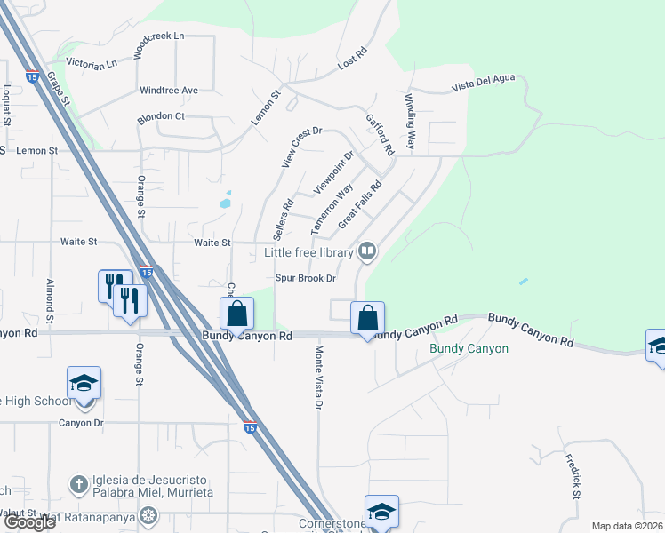 map of restaurants, bars, coffee shops, grocery stores, and more near 33794 Breckenridge Trail in Wildomar