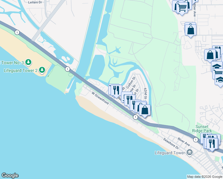 map of restaurants, bars, coffee shops, grocery stores, and more near 207 Canal Street in Newport Beach