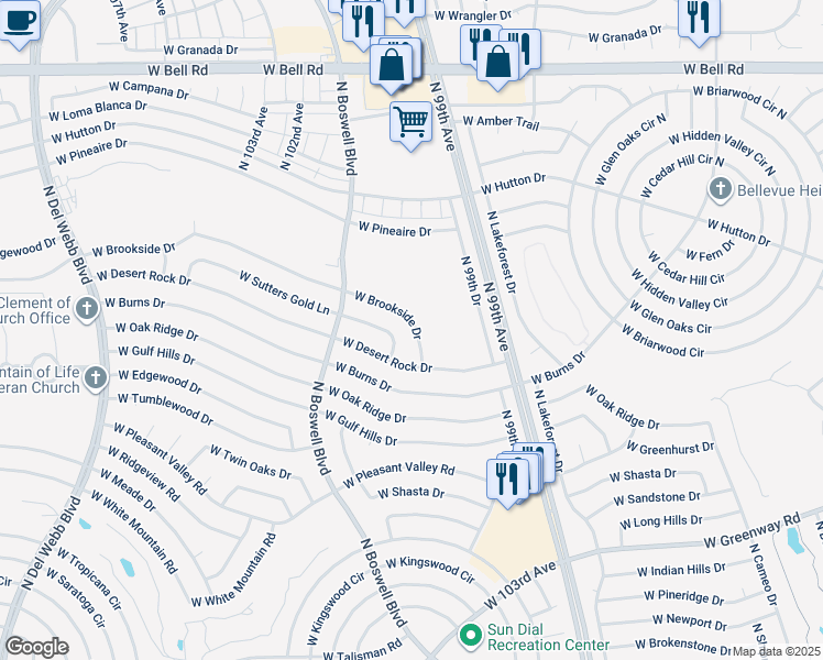 map of restaurants, bars, coffee shops, grocery stores, and more near 10033 West Brookside Drive in Sun City