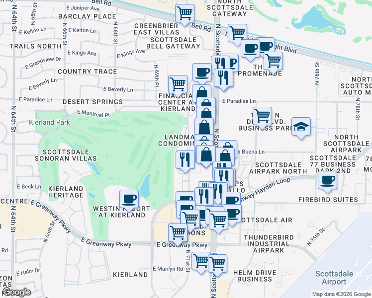 map of restaurants, bars, coffee shops, grocery stores, and more near 15802 North 71st Street in Scottsdale