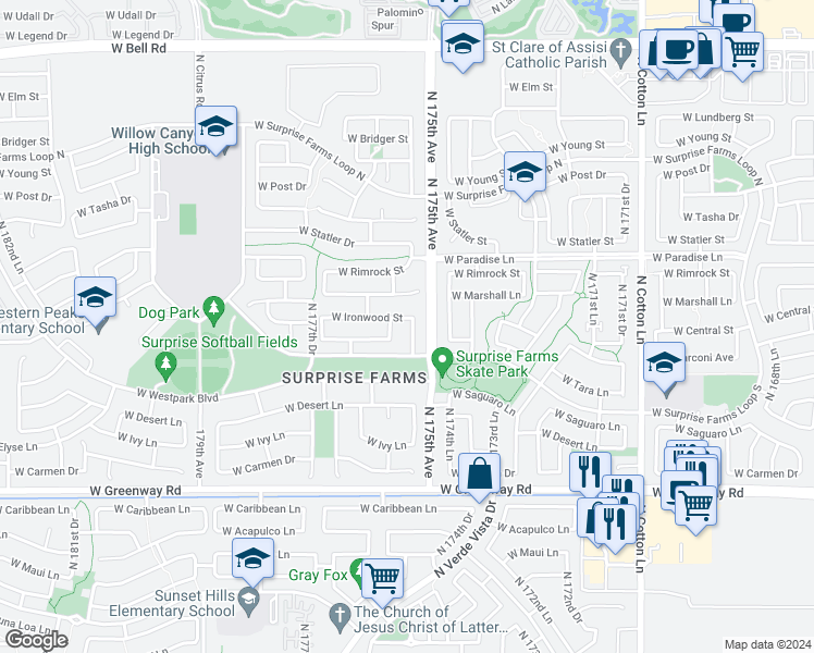 map of restaurants, bars, coffee shops, grocery stores, and more near 15968 North 175th Drive in Surprise