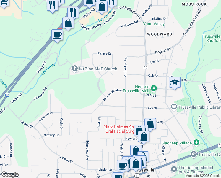 map of restaurants, bars, coffee shops, grocery stores, and more near 312 Brentwood Avenue in Trussville