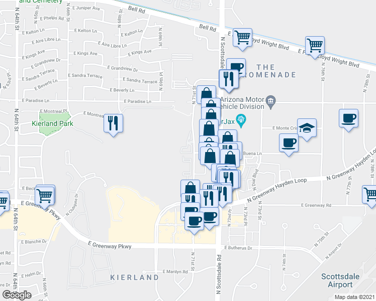 map of restaurants, bars, coffee shops, grocery stores, and more near 15802 North 71st Street in Scottsdale