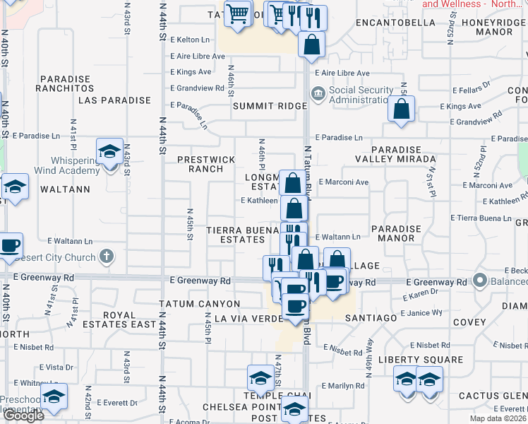 map of restaurants, bars, coffee shops, grocery stores, and more near 4625 East Kathleen Road in Phoenix