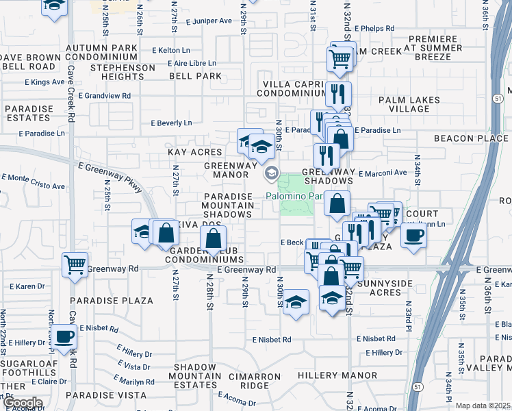 map of restaurants, bars, coffee shops, grocery stores, and more near 15650 North 29th Way in Phoenix