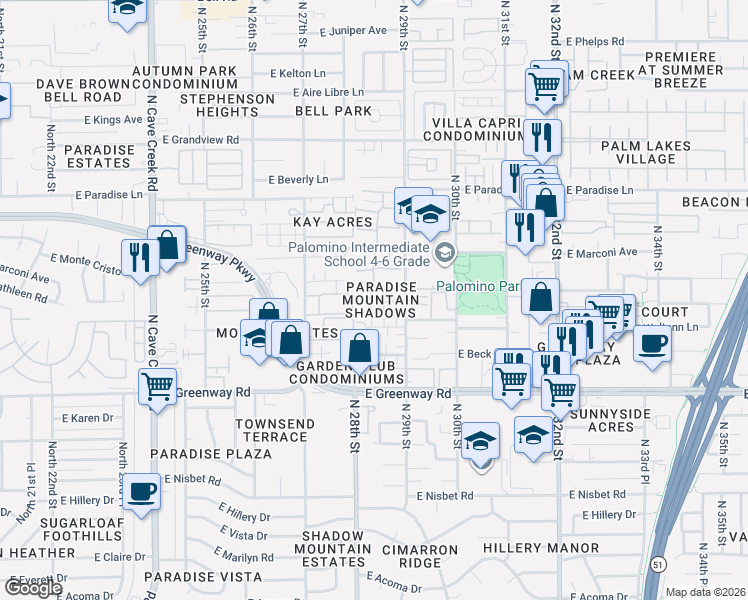 map of restaurants, bars, coffee shops, grocery stores, and more near 2826 East Tracy Lane in Phoenix