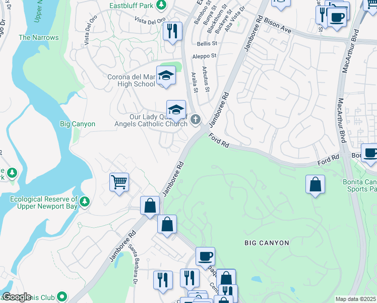 map of restaurants, bars, coffee shops, grocery stores, and more near 859 Amigos Way in Newport Beach
