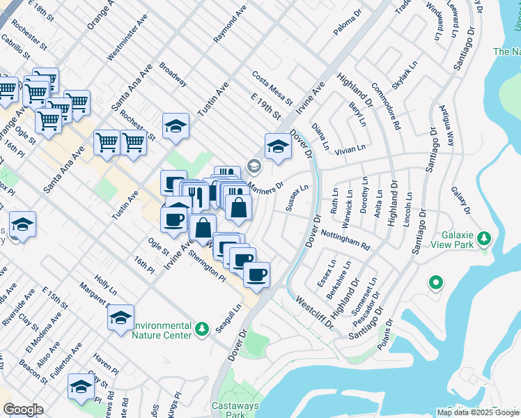 map of restaurants, bars, coffee shops, grocery stores, and more near 1256 Rutland Road in Newport Beach