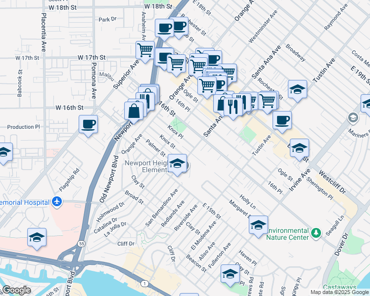 map of restaurants, bars, coffee shops, grocery stores, and more near 281 Knox Place in Costa Mesa