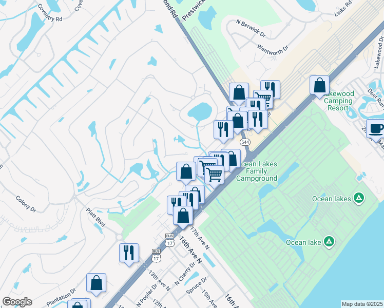 map of restaurants, bars, coffee shops, grocery stores, and more near 1300 Button Buck Road in Myrtle Beach