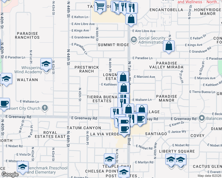 map of restaurants, bars, coffee shops, grocery stores, and more near 4625 East Kathleen Road in Phoenix