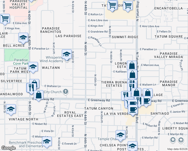 map of restaurants, bars, coffee shops, grocery stores, and more near 4425 East Kathleen Road in Phoenix