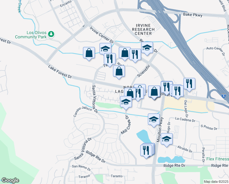 map of restaurants, bars, coffee shops, grocery stores, and more near 22895 Caminito Sol in Laguna Hills