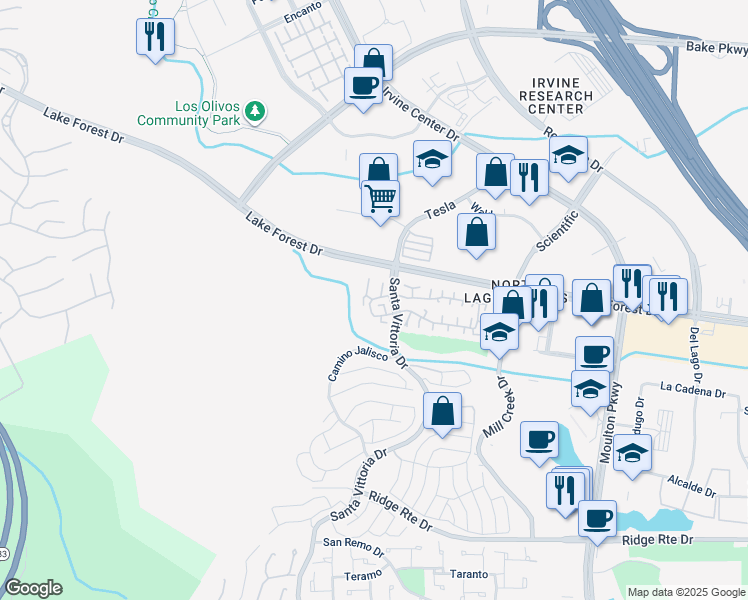 map of restaurants, bars, coffee shops, grocery stores, and more near 22861 Caminito Manresa in Laguna Hills