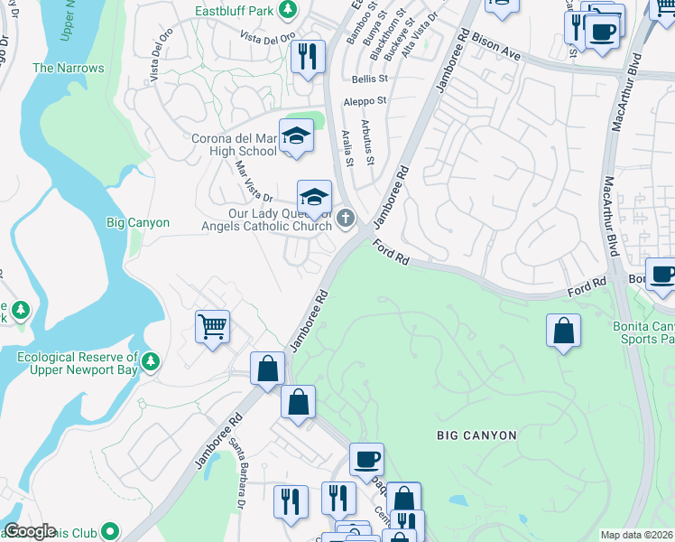 map of restaurants, bars, coffee shops, grocery stores, and more near 859 Amigos Way in Newport Beach