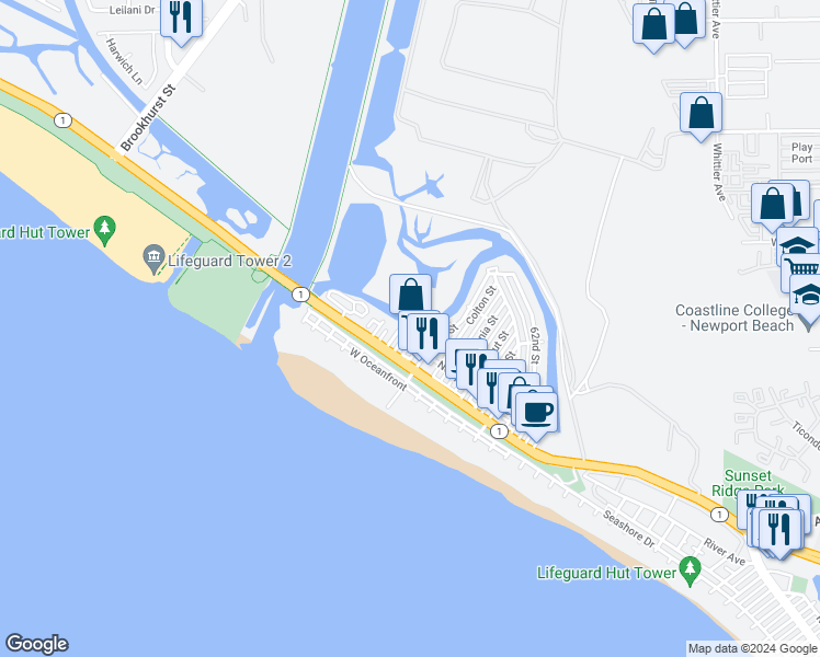 map of restaurants, bars, coffee shops, grocery stores, and more near 207 Canal Street in Newport Beach