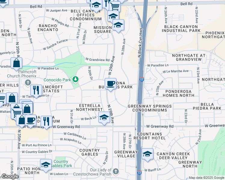 map of restaurants, bars, coffee shops, grocery stores, and more near 2851 West Kathleen Road in Phoenix