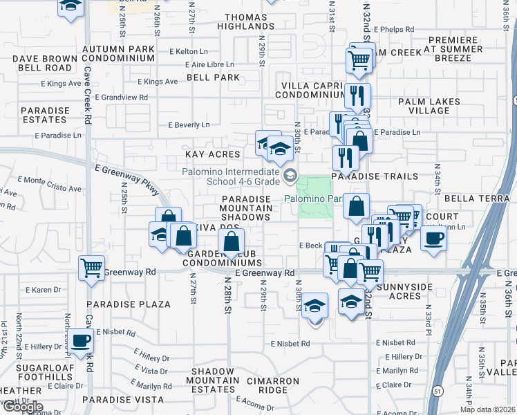 map of restaurants, bars, coffee shops, grocery stores, and more near 15636 North 29th Street in Phoenix