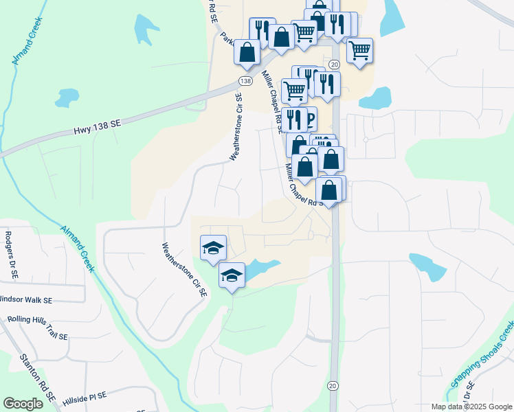 map of restaurants, bars, coffee shops, grocery stores, and more near 2096 Boxwood Circle in Conyers